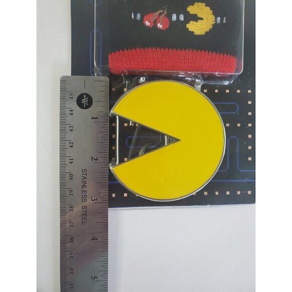 Pac-Man Belt Buckle & Wristband Set 2010 New Old Stock Namco Bandai Games Pewter - Picture 4 of 6